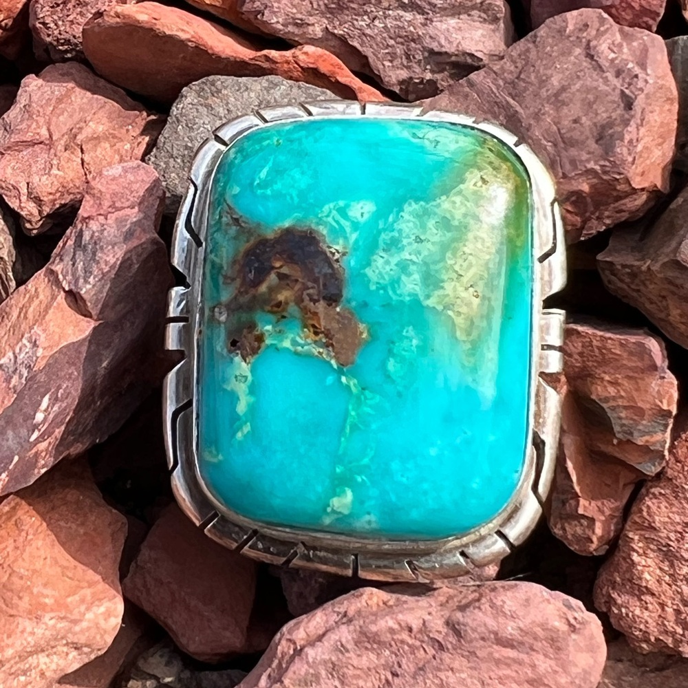 Genuine Native American Sterling Silver Turquoise Ring,made by P Skeets Sz 6-1/4